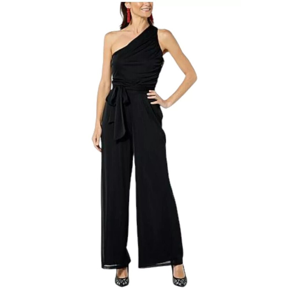 NEW Tags Giuliana Black Label One-Shoulder Aria Mesh Knit Jumpsuit Pockets Lined